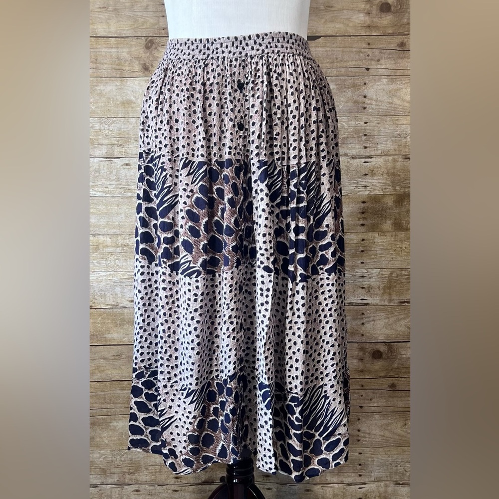 Symphony Womens Animal Print Midi Skirt Tan Navy Blue Rayon Smocked Waist Size M - Picture 1 of 8
